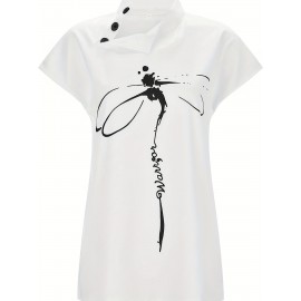 Dragonfly Print Button Front Blouse, Casual Cap Sleeve Blouse For Spring & Summer, Women's Clothing