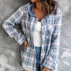 Hooded Plaid Print Blouse, Casual Button Front Drawstring Long Sleeve Blouse, Women's Clothing