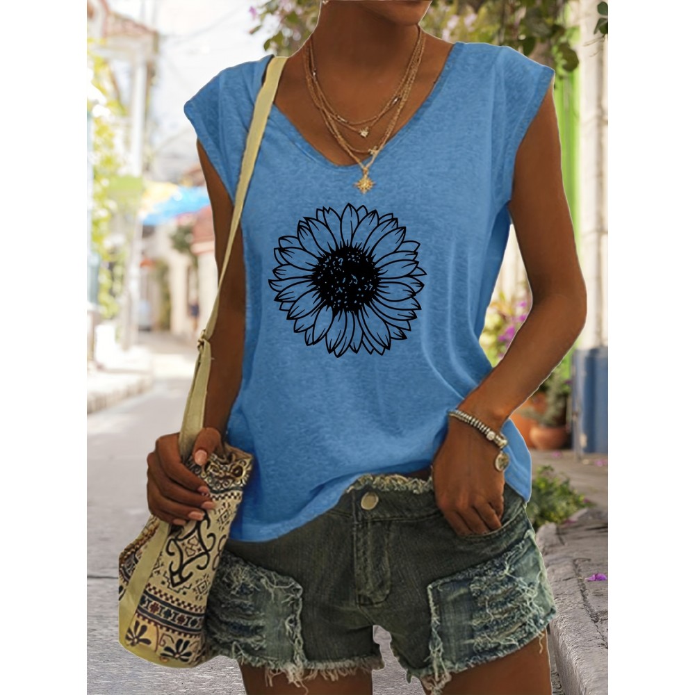 Sunflower Print V Neck Tank Top, Casual Sleeveless Tank Top For Summer, Women's Clothing