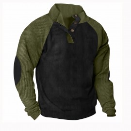 Men's Color Block Half Button Up Stand Collar Sweatshirt For Men Retro Corduroy Sweatshirts For Winter Fall Long Sleeve Tops