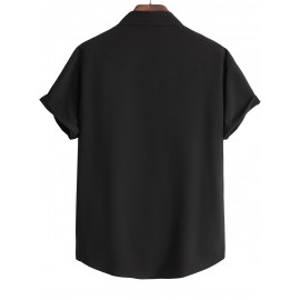 Men's Casual Lapel Solid Basic Tee Shirt, Button Short Sleeve Loose Work Business Shirt For Summer