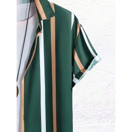 Men's Stripe Turndown Collar Short Sleeve Shirt, Trendy Comfy Shirt For Summer
